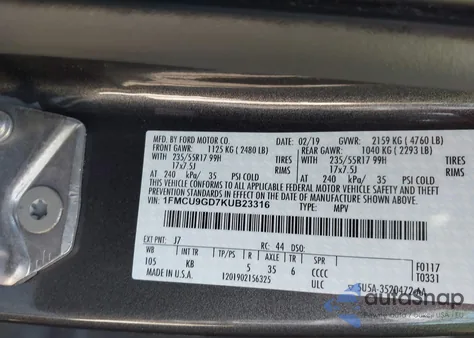 2019 Ford Escape Se from USA, damaged, VIN 1FMCU9GD7KUB23316
